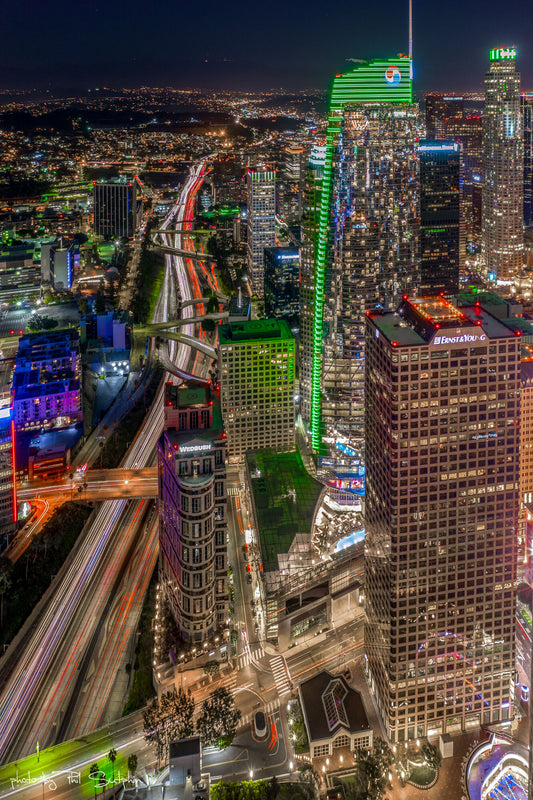 Aerial of DTLA on St. Patrick's Day