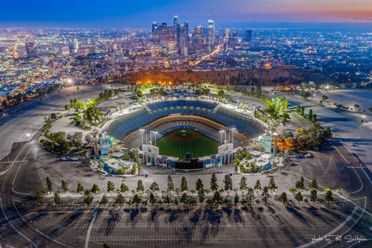 Aerial of Dodger Stadium with DTLA