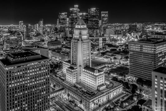 Black and White Aerial of City Hall in DTLA